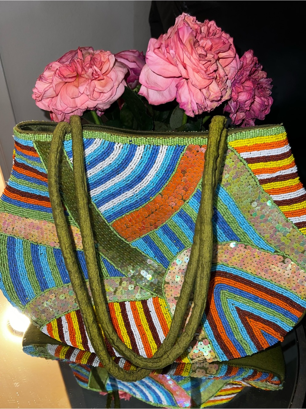 Beaded Multicolor Tote Bag with Olive Straps